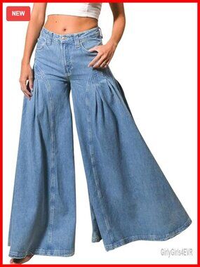 Women's High Waist Stretch Denim Wide Leg Flared Bell Bottom Jeans